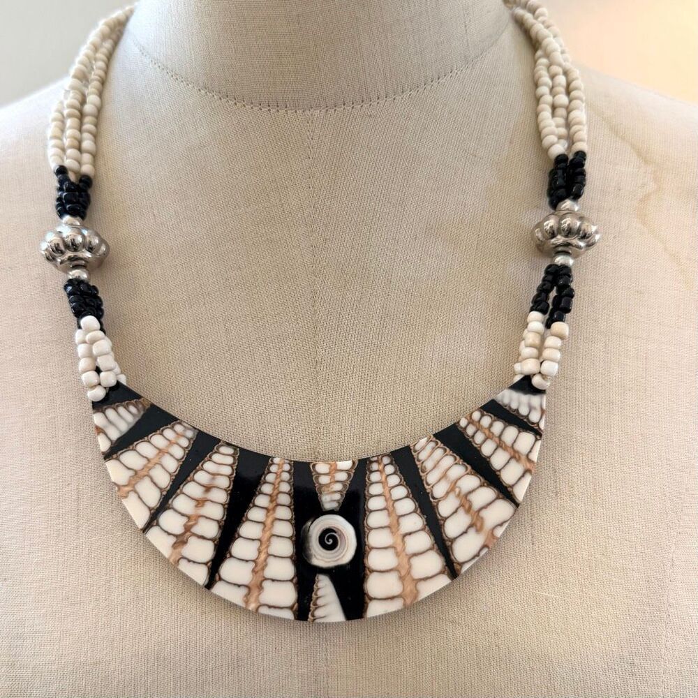 Cone Shell Mosaic Shiva Eye Statement Necklace Multi Strand
